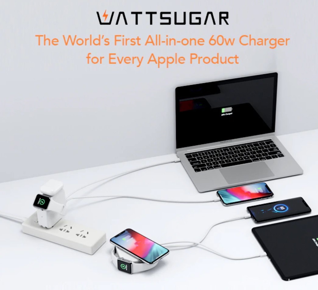 iPhoneやApple Watchをワイヤレス充電しUSBでMacBookやiPadも充電できる上にモバイルバッテリーにもなるACアダプター「Wattsugar」