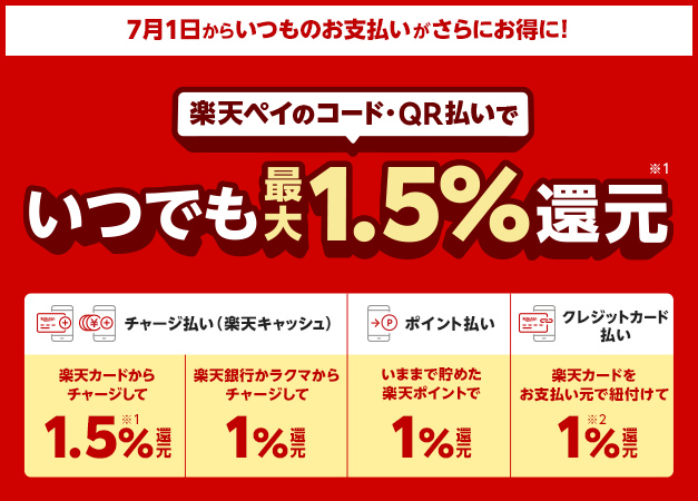 「楽天ペイ」コード・QR払いでいつでも最大1.5%還元に（7/1から）