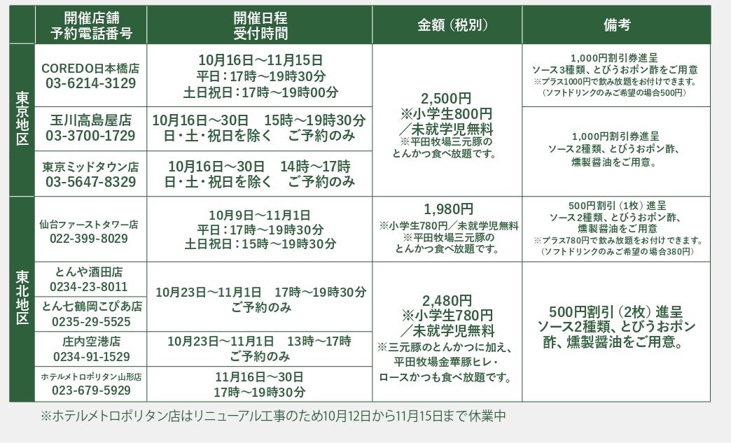 【平田牧場】三元豚ロースかつ・三元豚ヒレかつ・三元豚メンチかつが食べ放題になる「無限とんかつ祭り～とんかつ食べ放題～」期間限定で開催