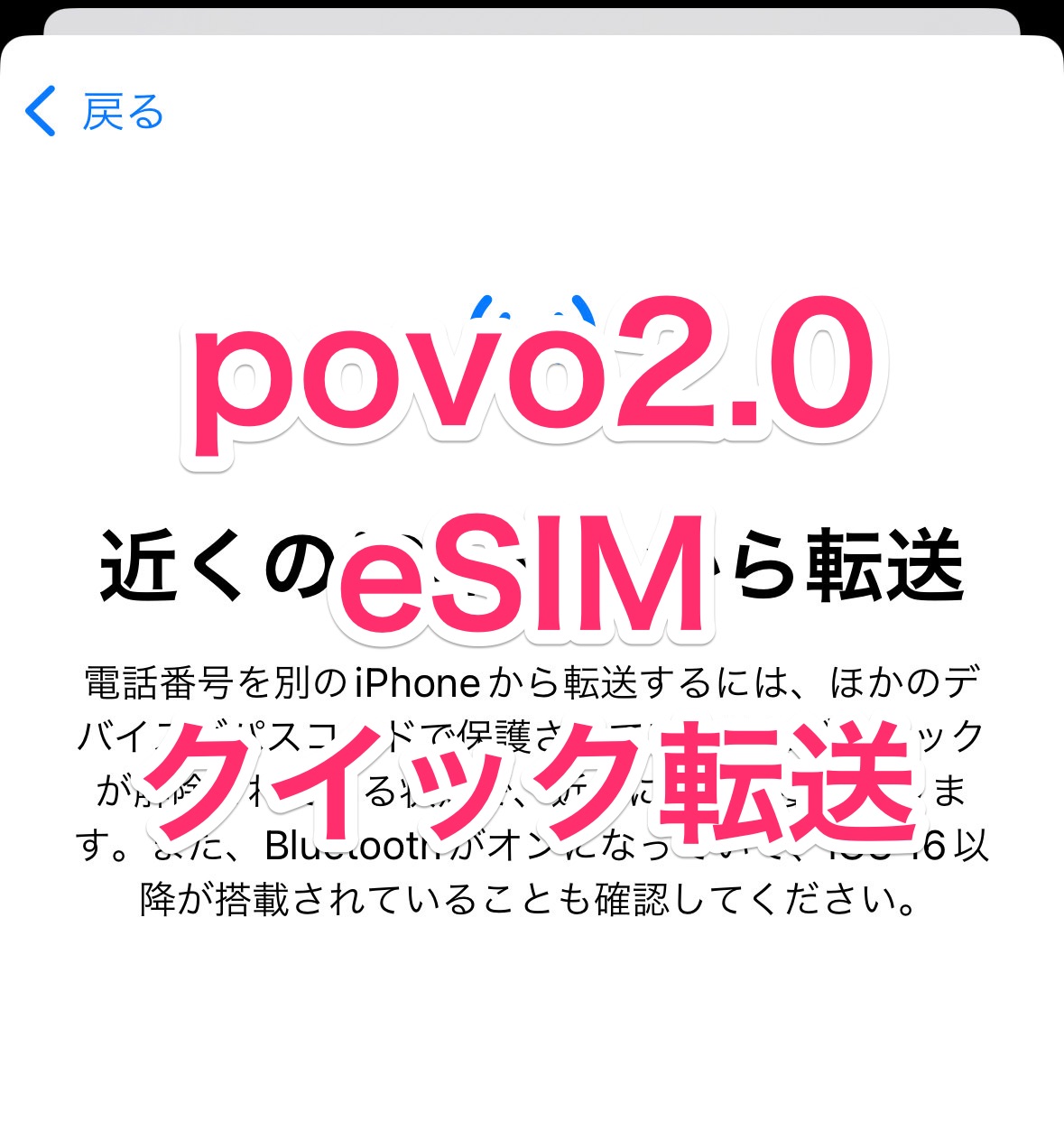 【povo2.0】iPhone機種変更でeSIMのクイック転送（移行）がうまくいかない 17003